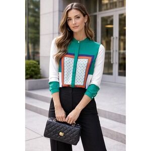 H And M Geo Print Button Down Blouse Sz S WhiteBlueRedGreen Quiet Luxury Office